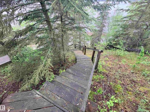 Wood-plank stairway descending through a natural landscape with mature evergreen trees and dense foliage - #4 Kingbird Road, Rural Bonnyville M.D., AB 