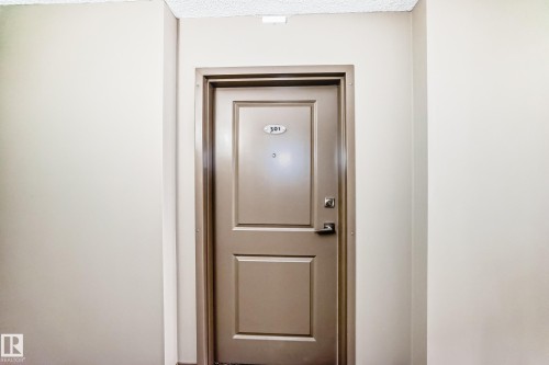 Entry door featuring a paneled design and a door handle - 301 103 Ambleside Drive, Edmonton, AB - Indoor Photo Showing Other Room