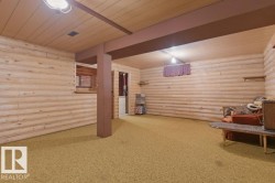 This spacious room features log-style paneling on the walls, a paneled ceiling, and carpeting - 