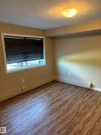 Room featuring wood-finish flooring, a window with dark blinds, a flush-mount ceiling light, and baseboard heating - 