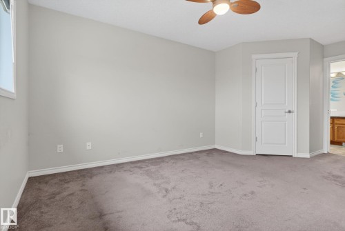 Bedroom featuring light grey walls, grey carpet, and a ceiling fan with light - 96 Dalquist Bay, Leduc, AB - Indoor Photo Showing Other Room