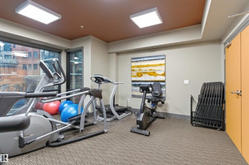 Fitness area featuring large windows, various exercise equipment, and recessed lighting - 316 141 Festival Way, Sherwood Park, AB - Indoor Photo Showing Gym Room