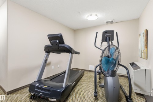 Fitness area featuring a treadmill, an elliptical machine with a fan, and patterned carpet flooring - 316 141 Festival Way, Sherwood Park, AB - Indoor Photo Showing Gym Room