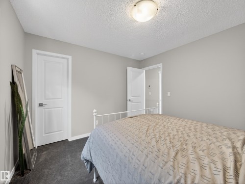 The room features light gray walls, dark carpeting, and a white ceiling with a flush-mount light fixture - 3210 Chernowski Way, Edmonton, AB - Indoor Photo Showing Bedroom