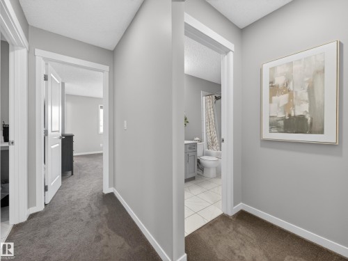 The property features neutral toned walls and dark grey carpeting throughout the hallway, leading to rooms with white trim around doorways - 3210 Chernowski Way, Edmonton, AB - Indoor Photo Showing Other Room