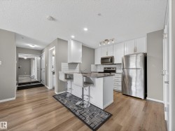 The property features a kitchen with white cabinetry, stainless steel appliances, and a kitchen island with seating - 