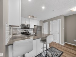 The kitchen features white cabinetry, stainless steel appliances, a grey countertop, and light wood-style flooring - 