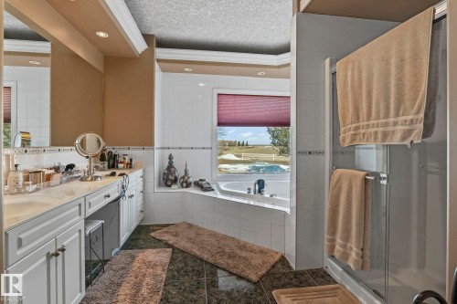 This bathroom features a large vanity with dual sinks, white cabinetry, and a spacious counter - 9610 167 Street Sw, Edmonton, AB - Indoor Photo Showing Bathroom