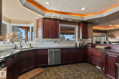 The kitchen features dark wood cabinetry, granite countertops, and a stainless steel dishwasher - 9610 167 Street Sw, Edmonton, AB - Indoor Photo Showing Kitchen