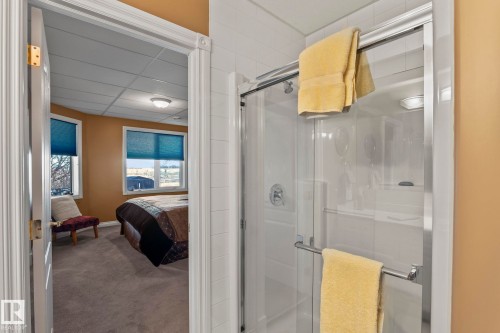 The property features a shower with a sliding glass door and a showerhead with a single handle - 9610 167 Street Sw, Edmonton, AB - Indoor Photo Showing Bathroom
