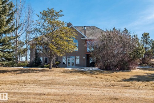 The property features a large exterior with a stone roof, a spacious yard, and mature trees, offering a private setting - 9610 167 Street Sw, Edmonton, AB - Outdoor