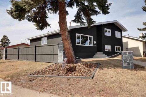 The property features a dark exterior with white window frames, a front entryway with steps, and a paved pathway leading to the entrance - 15204 94 Street, Edmonton, AB - Outdoor