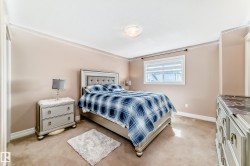 Spacious room with a window providing natural light, crown molding, and carpeted flooring - 