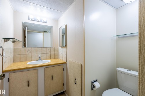 The bathroom features a vanity with a countertop and under-sink storage, a mirror with overhead lighting, and tiled backsplash - 108 Forest Grove, St. Albert, AB - Indoor Photo Showing Bathroom