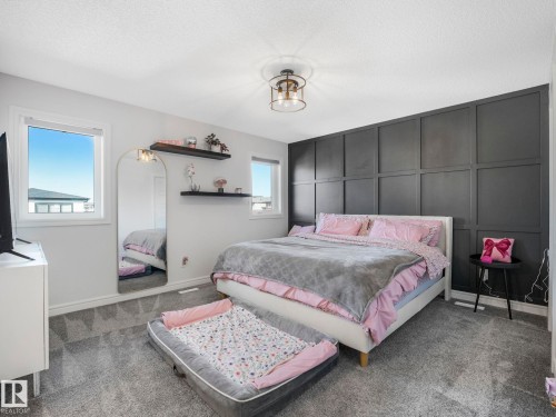 This room features a textured dark accent wall, two windows, and textured carpeting - 2636 192 Street, Edmonton, AB - Indoor Photo Showing Bedroom