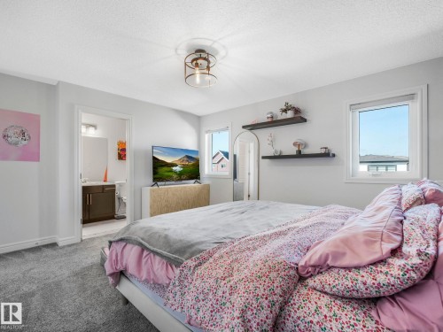 This bedroom features light grey walls and grey carpet, with a ceiling light fixture - 2636 192 Street, Edmonton, AB - Indoor Photo Showing Bedroom