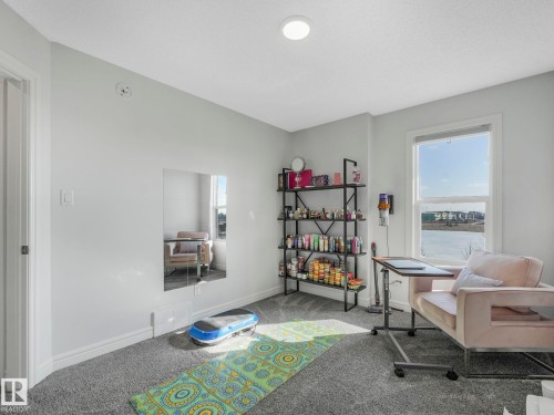 This room features light grey walls and grey carpet, with a window providing a view of an exterior body of water and other buildings - 2636 192 Street, Edmonton, AB - Indoor