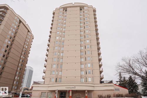 The property is a high-rise building featuring a light-colored facade, numerous windows, and private balconies on each level - 201 10909 103 Avenue Nw, Edmonton, AB - Outdoor With Facade