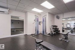 This property features a fitness area with specialized flooring, mirrored walls, and various exercise equipment including a weight rack, cable machine, and exercise benches - 