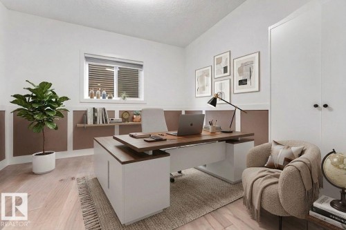 Office space featuring light-toned flooring, a window with horizontal blinds, and a modern desk - 1407 Graydon Hill Way, Edmonton, AB - Indoor Photo Showing Office