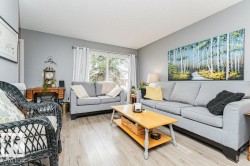 The living area features durable flooring, light grey painted walls, and a large window providing natural illumination - 