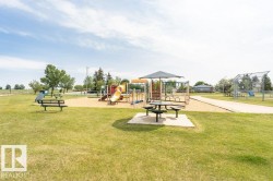 Neighborhood park area featuring a playground with slides, swings, and climbing structures, along with picnic tables and benches - 