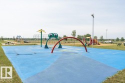 Community splash pad and playground featuring a blue soft-surface ground, a frog-themed water feature, and additional play equipment - 