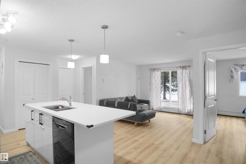 This property features an open-concept living space with light-colored flooring throughout - 103 3353 16A Avenue, Edmonton, AB - Indoor Photo Showing Kitchen With Double Sink