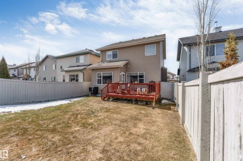 The property features a fenced yard with a deck and established trees - 121 64 Street, Edmonton, AB - Outdoor