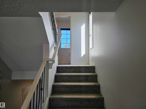 Carpeted staircase featuring white banister and black spindles, with natural light from a window visible at the landing - 6888 Evans Wynd, Edmonton, AB - Indoor Photo Showing Other Room