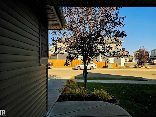 The property features dark-colored horizontal siding, a concrete walkway, and a small tree with dark foliage - 6888 Evans Wynd, Edmonton, AB - Outdoor