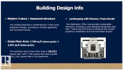Building Design Info. Providing architectural specifications, gross floor area, and landscaping details for the property - 