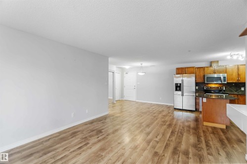 This living area features light wood-style flooring and light-colored walls - 319 17415 99 Avenue, Edmonton, AB - Indoor Photo Showing Kitchen