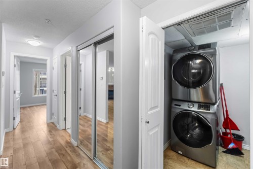 Hallway with light wood-style flooring and mirrored closet doors - 319 17415 99 Avenue, Edmonton, AB - Indoor Photo Showing Laundry Room