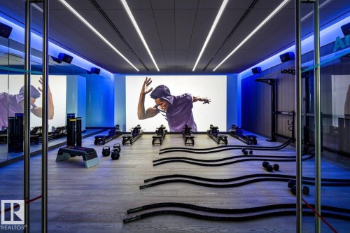 Fitness area featuring multiple rowing machines, battle ropes, kettlebells, and a step platform - 2506 10360 102 Street, Edmonton, AB - Indoor Photo Showing Garage