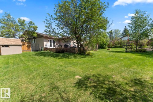 Expansive green lawn with mature trees and a rear deck - 4003 50A Avenue, Cold Lake, AB - Outdoor