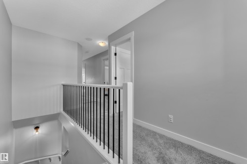 Upper level hallway with carpeted flooring, light grey walls, and white trim - 6406 169 Avenue, Edmonton, AB - Indoor Photo Showing Other Room