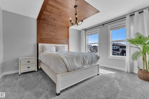 This bedroom features light gray walls, plush gray carpeting, and two windows providing natural light - 6406 169 Avenue, Edmonton, AB - Indoor Photo Showing Bedroom