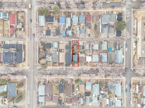 Aerial view highlighting the property within a residential setting - 12141 96 Street, Edmonton, AB - 
