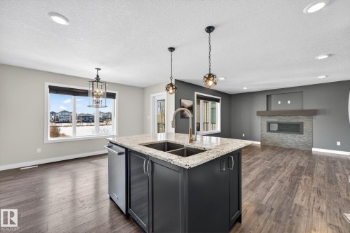 433 Meadowview Drive, Fort Saskatchewan, AB - Indoor Photo Showing Kitchen With Fireplace With Double Sink With Upgraded Kitchen