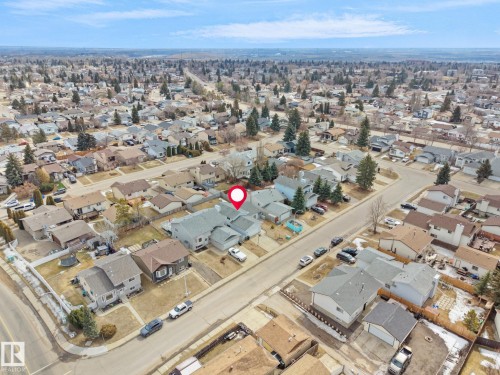 Aerial view of the property and surrounding neighborhood, featuring residential streets and detached homes with yards - 14523 32 Street, Edmonton, AB - Outdoor With View