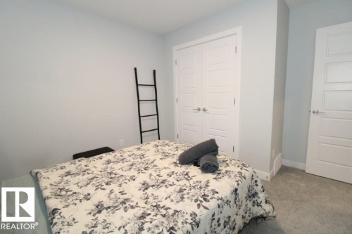 This room features light grey walls, a grey carpeted floor, and white interior doors with contemporary hardware - 22140 81 Avenue, Edmonton, AB 