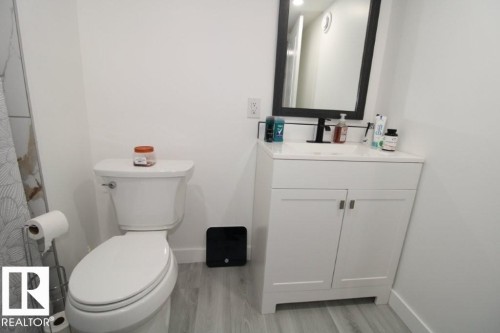 Bathroom featuring a toilet, a single vanity with a white countertop, and a mirror with a dark frame - 22140 81 Avenue, Edmonton, AB 