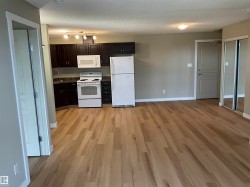 Open-concept living space featuring wood-finish flooring, a kitchen with dark cabinetry, white appliances, and track lighting - 