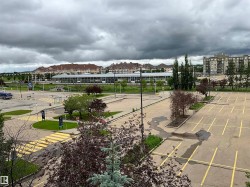Expansive paved parking area featuring yellow painted lines and integrated landscaping - 