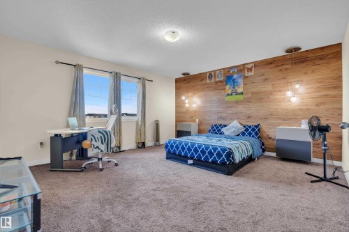 This room features soft carpet flooring, a decorative accent wall with a wood panel finish, and two large windows providing natural light - 3071 Carpenter Landing Landing, Edmonton, AB - Indoor Photo Showing Bedroom