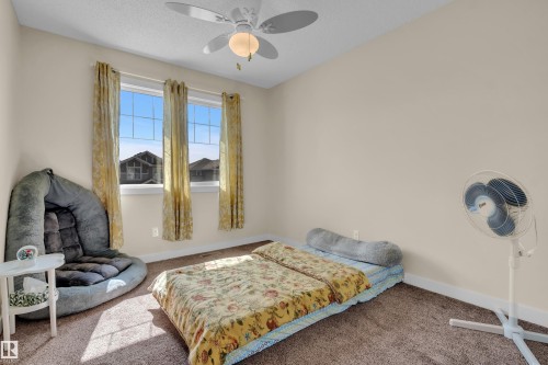 This room features neutral-toned walls, plush carpeting, and two windows providing natural illumination - 3071 Carpenter Landing Landing, Edmonton, AB - Indoor Photo Showing Bedroom