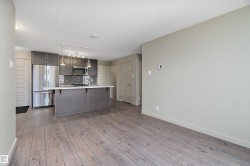 The property features an open-concept layout with light-toned flooring, leading to a kitchen area with gray cabinetry, stainless steel appliances, and a central island with counter seating - 