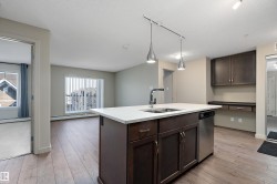 The kitchen features a central island with a sink and a stainless steel dishwasher, complemented by dark wood cabinetry and a light-colored countertop - 