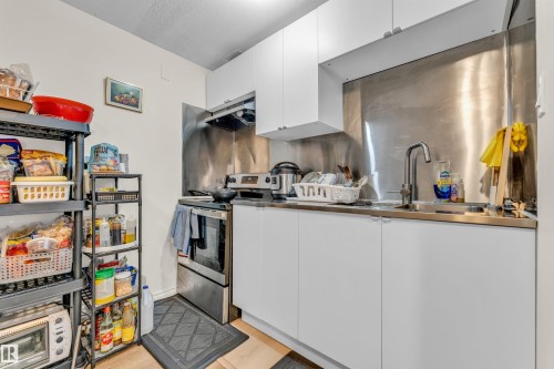 The kitchen features white cabinetry, a stainless steel backsplash, and a stainless steel sink with a chrome faucet - 607 Allard Boulevard, Edmonton, AB - Indoor Photo Showing Kitchen With Upgraded Kitchen